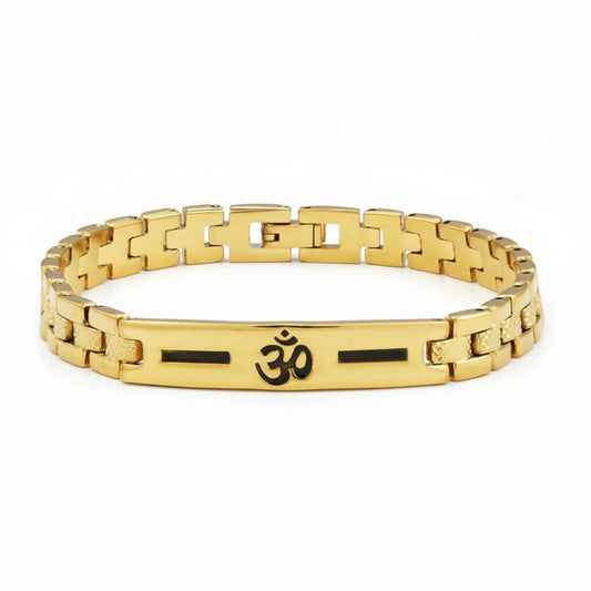 Bootsy Premium Om Loose Anti Tarnish 18K Gold Plated Bracelet for Men | Stylish Black Line Pattern | Stainless Steel 8-Inch Chain | Durable & Trendy Jewellery Gift for Him