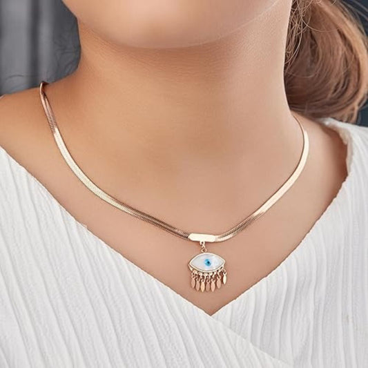 Bootsy Evil Eye Pendant Snake Rose Gold Necklace for Women | Korean Style Minimal Necklace | Blue Evil Eye Jewelry | Fashion Accessories for Women & Girls | Trendy Snake Pendant Necklace | Gift for Her